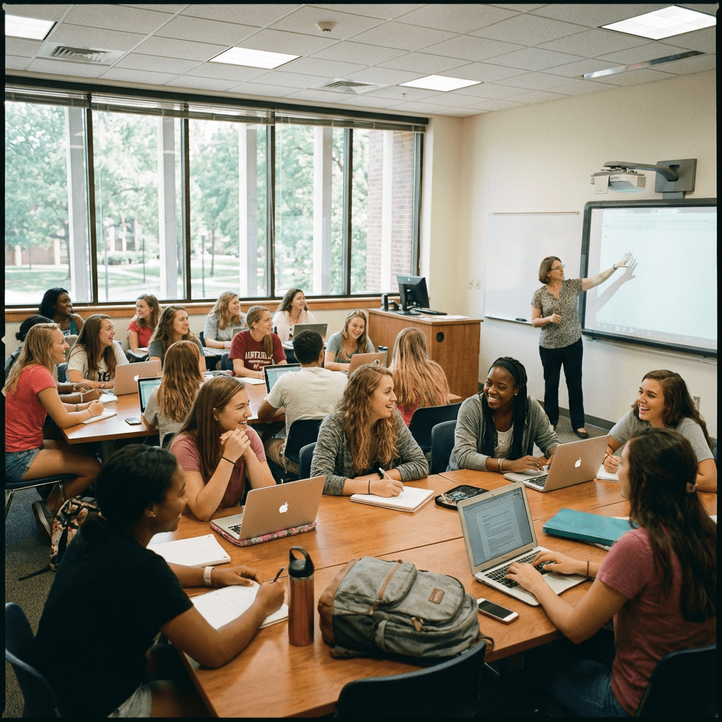 Students in a classroom sitting at tables with laptops while a teacher presents.