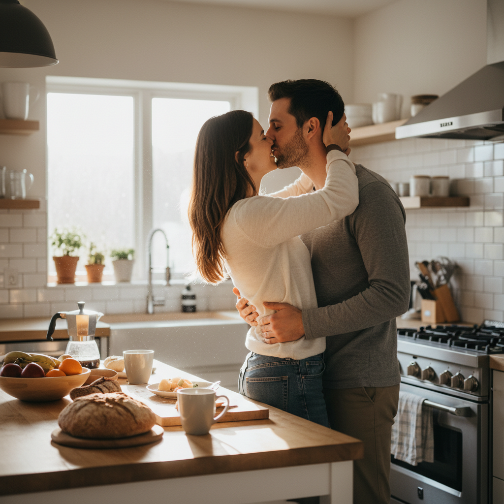 Couple kissing in kitchen, arms over shoulders