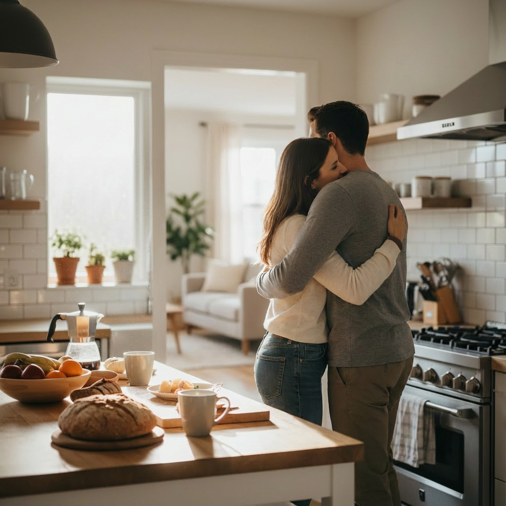 Couple hugging leaving kitchen to living room