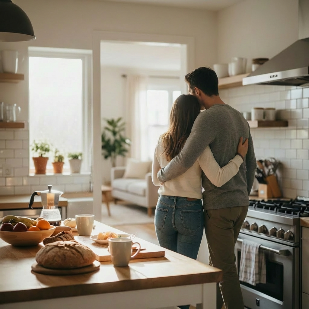 Couple hugging, walking through doorway to another room