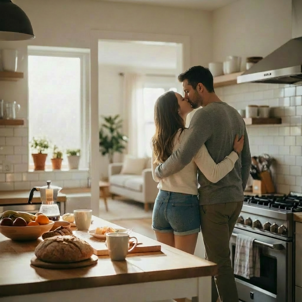 Couple kissing kitchen woman shorts