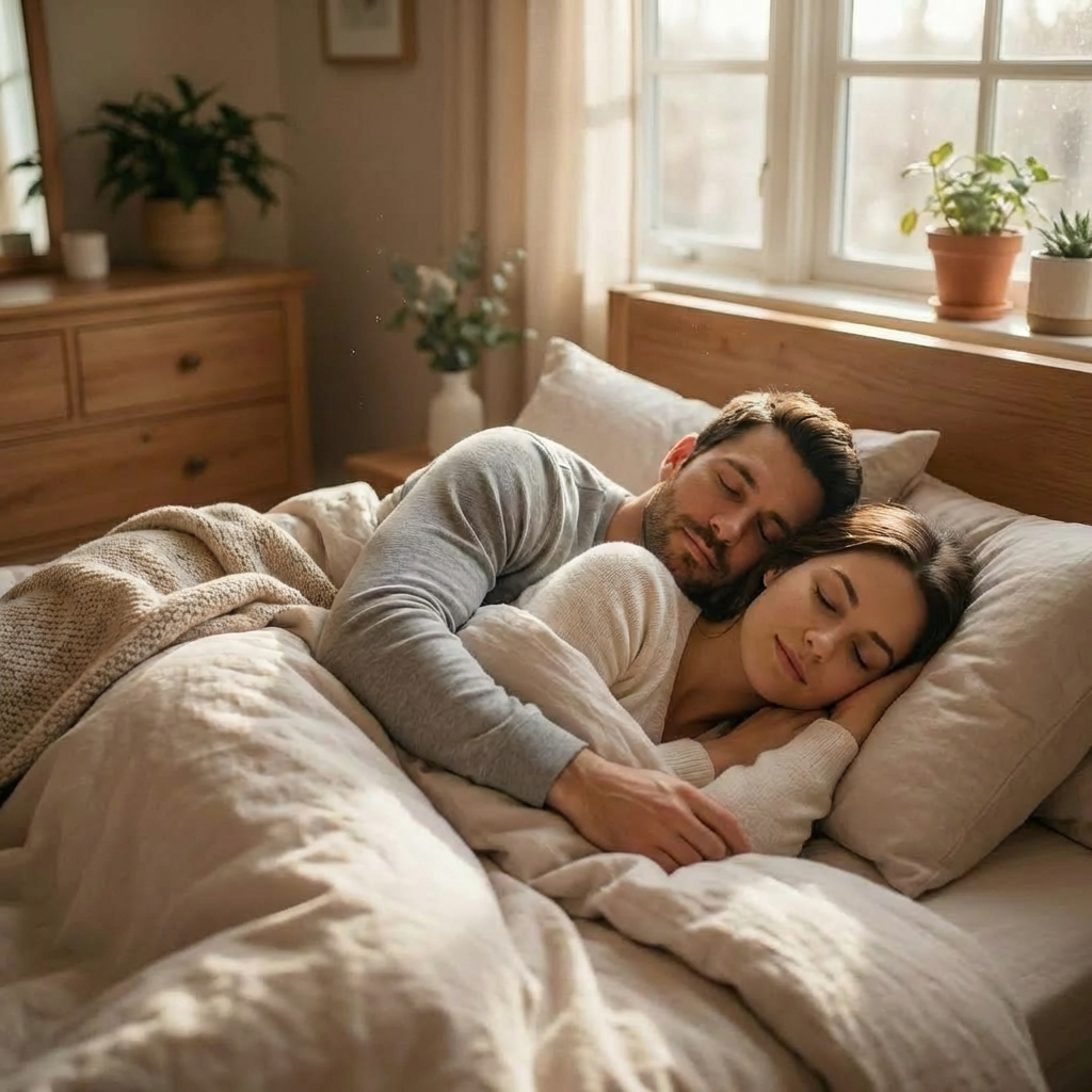 Couple sleeping peacefully together in bed