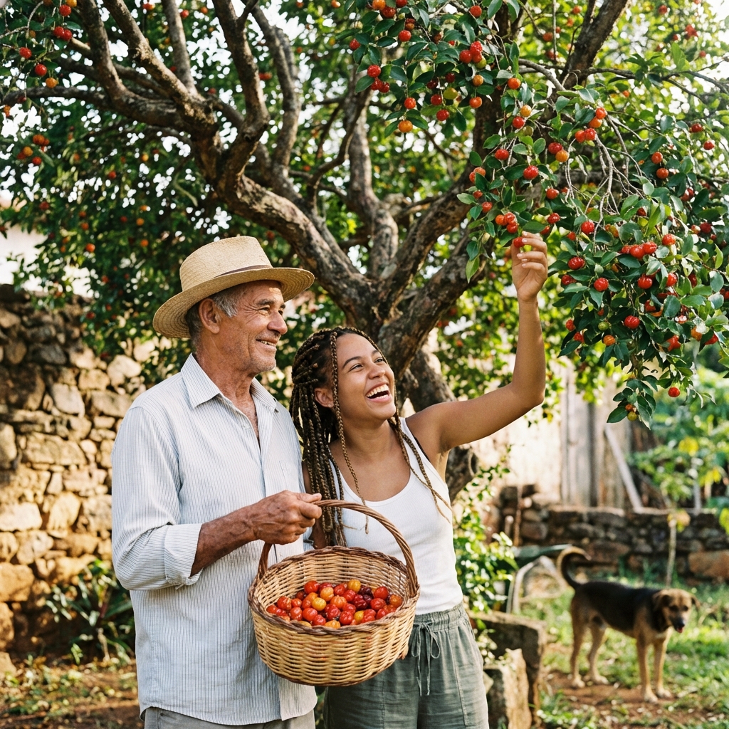 An elderly man holding a basket of red and yellow fruit while a young woman reaches to pick more fruit from a tree
