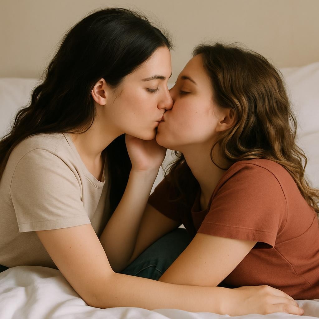Two women kissing each other tenderly with eyes closed