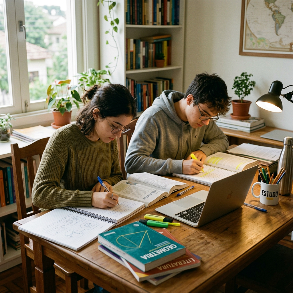 Two students writing notes and reading textbooks at a wooden table with a laptop and study materials