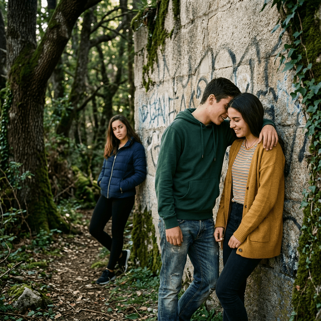 Teen boy leans on girl against graffiti wall while another girl looks on