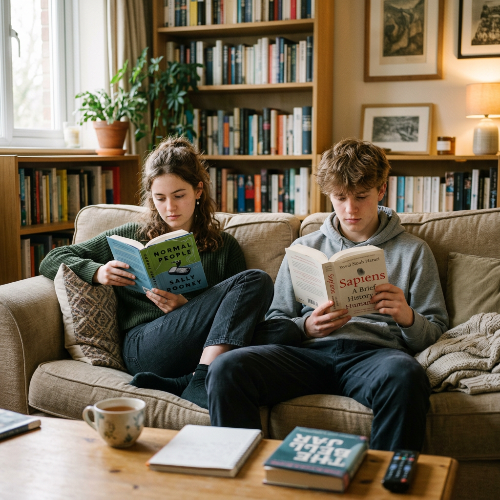 Teenage girl and boy sitting on a sofa reading books in a living room with bookshelves and plants