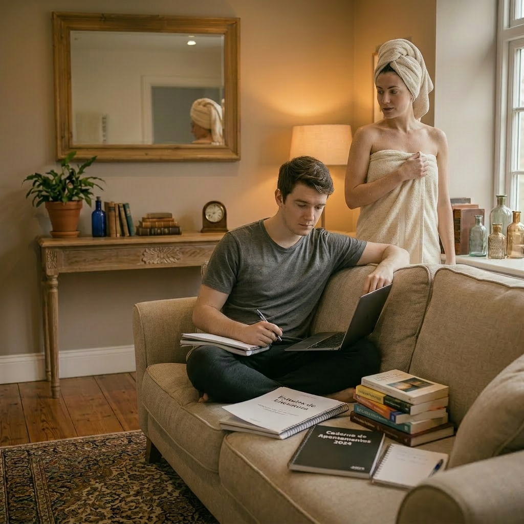 Teenage girl and boy sitting on a sofa reading books in a living room with bookshelves and plants