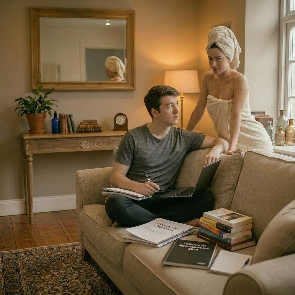Teenage girl and boy sitting on a sofa reading books in a living room with bookshelves and plants