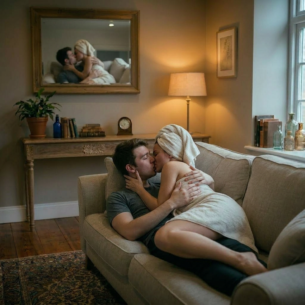 Teenage girl and boy sitting on a sofa reading books in a living room with bookshelves and plants