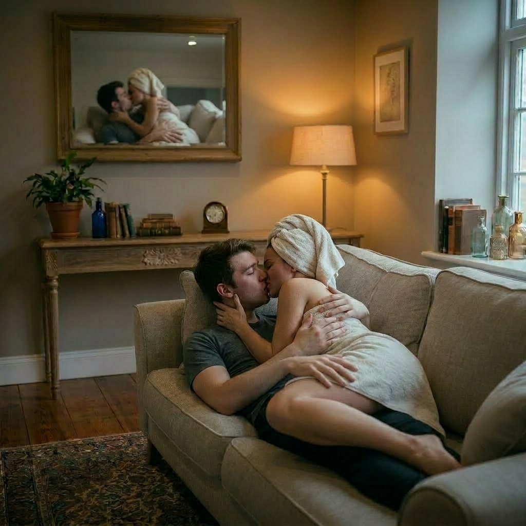 Teenage girl and boy sitting on a sofa reading books in a living room with bookshelves and plants
