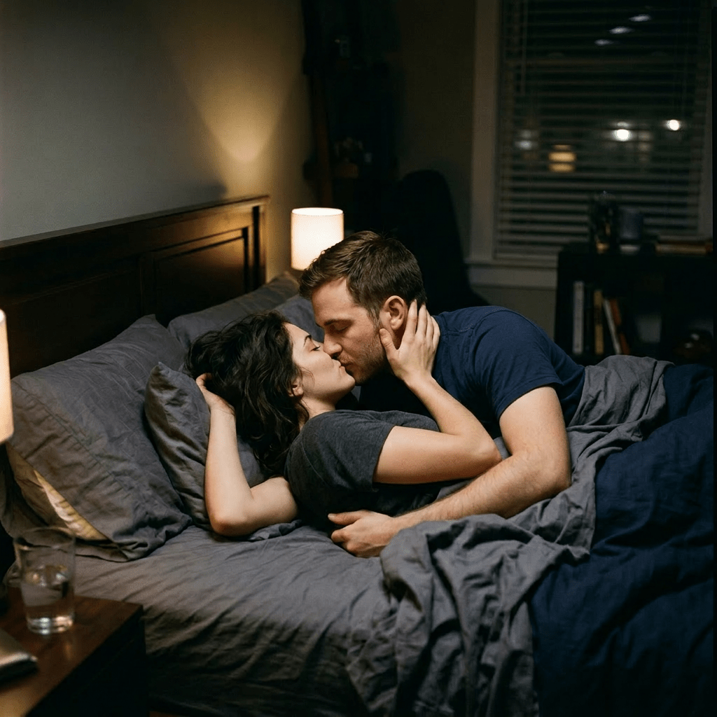 A couple lying in bed kissing under gray and blue blankets in a dimly lit bedroom.