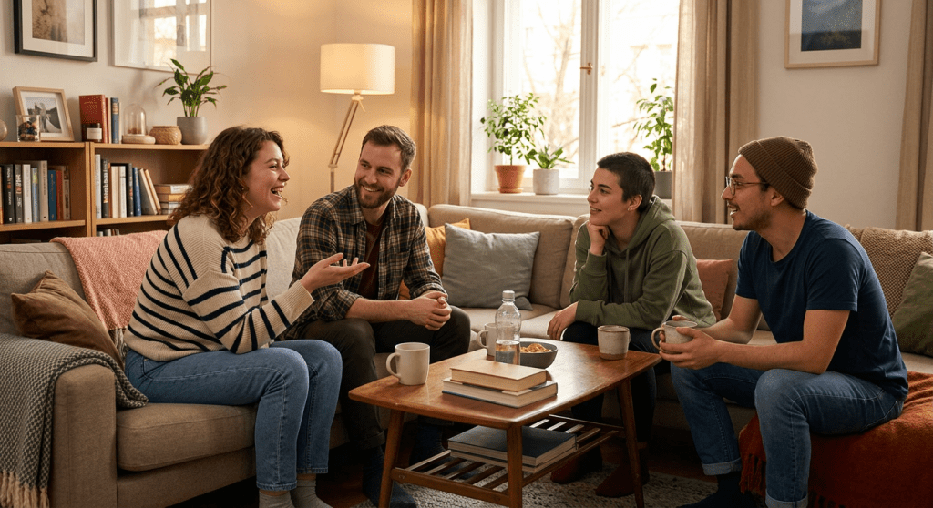 Four friends sitting on couches and chairs chatting with mugs on a wooden coffee table