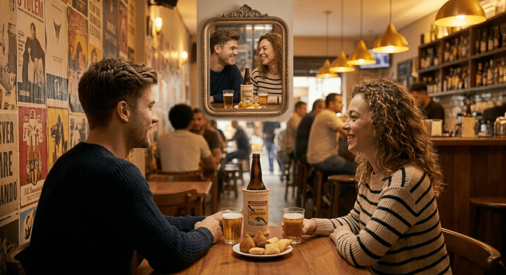 Four friends sitting on couches and chairs chatting with mugs on a wooden coffee table