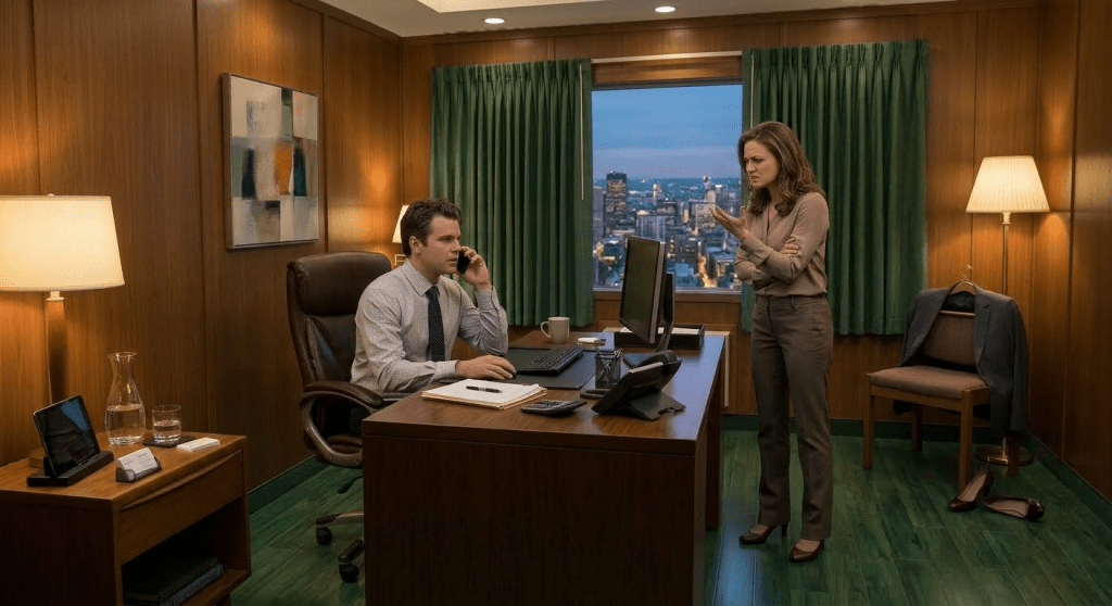 Four friends sitting on couches and chairs chatting with mugs on a wooden coffee table