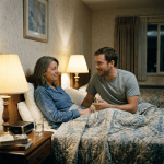 Man sitting on bed speaking to woman in pajamas under bedcovers
