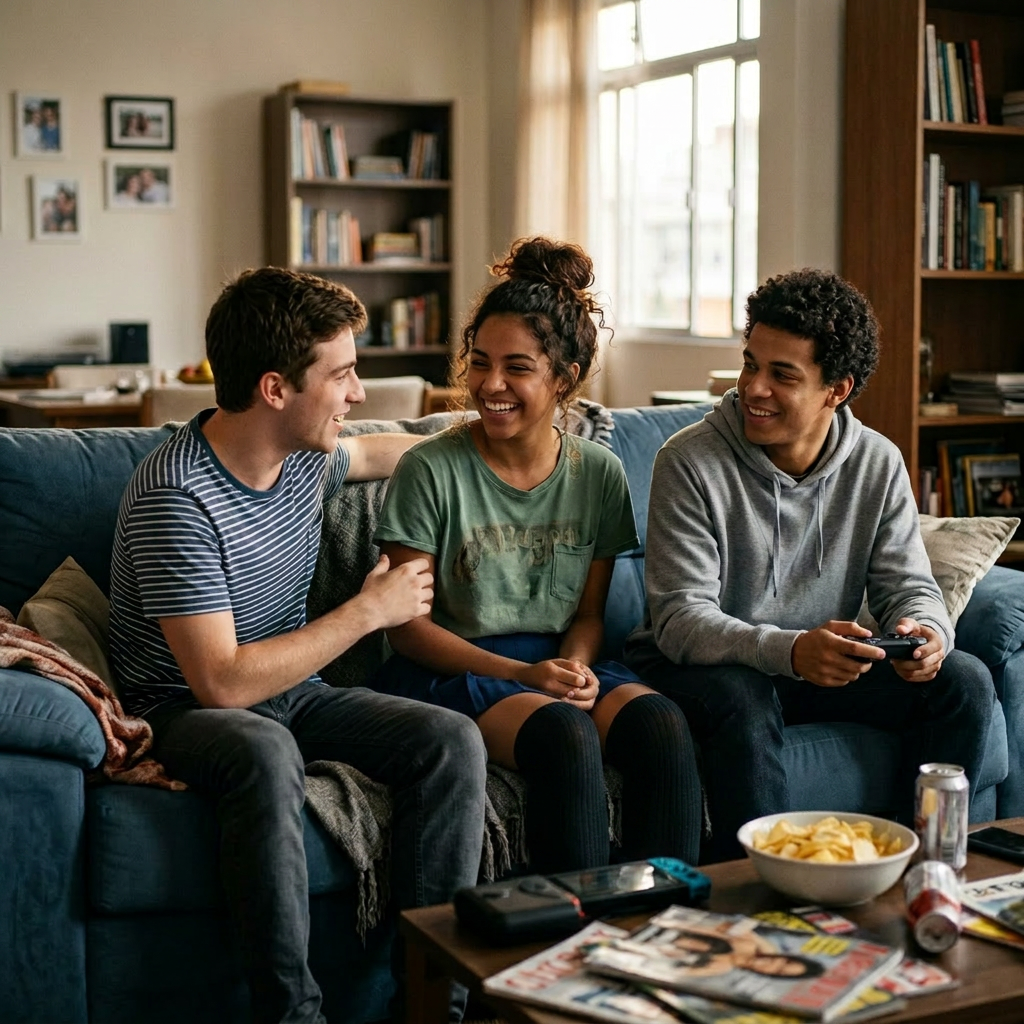 Three young adults sitting on a couch smiling and playing video games