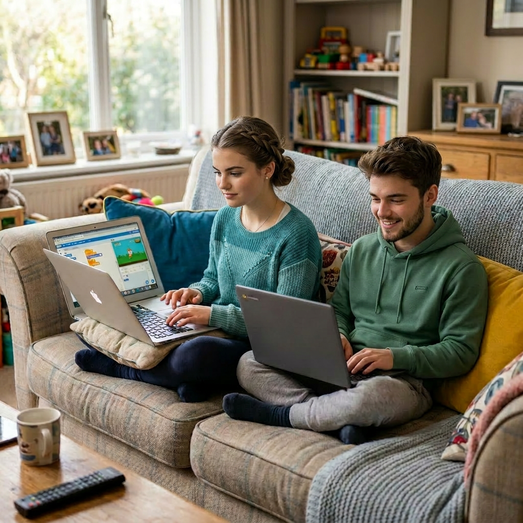 Two children sitting on a couch using laptops for coding activities