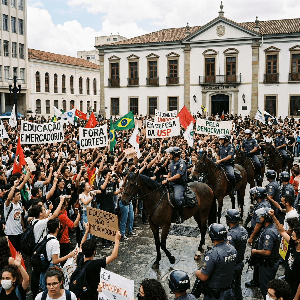 Crowd of students protesting with signs and flags in front of USP Law School building with mounted and helmeted police officers present