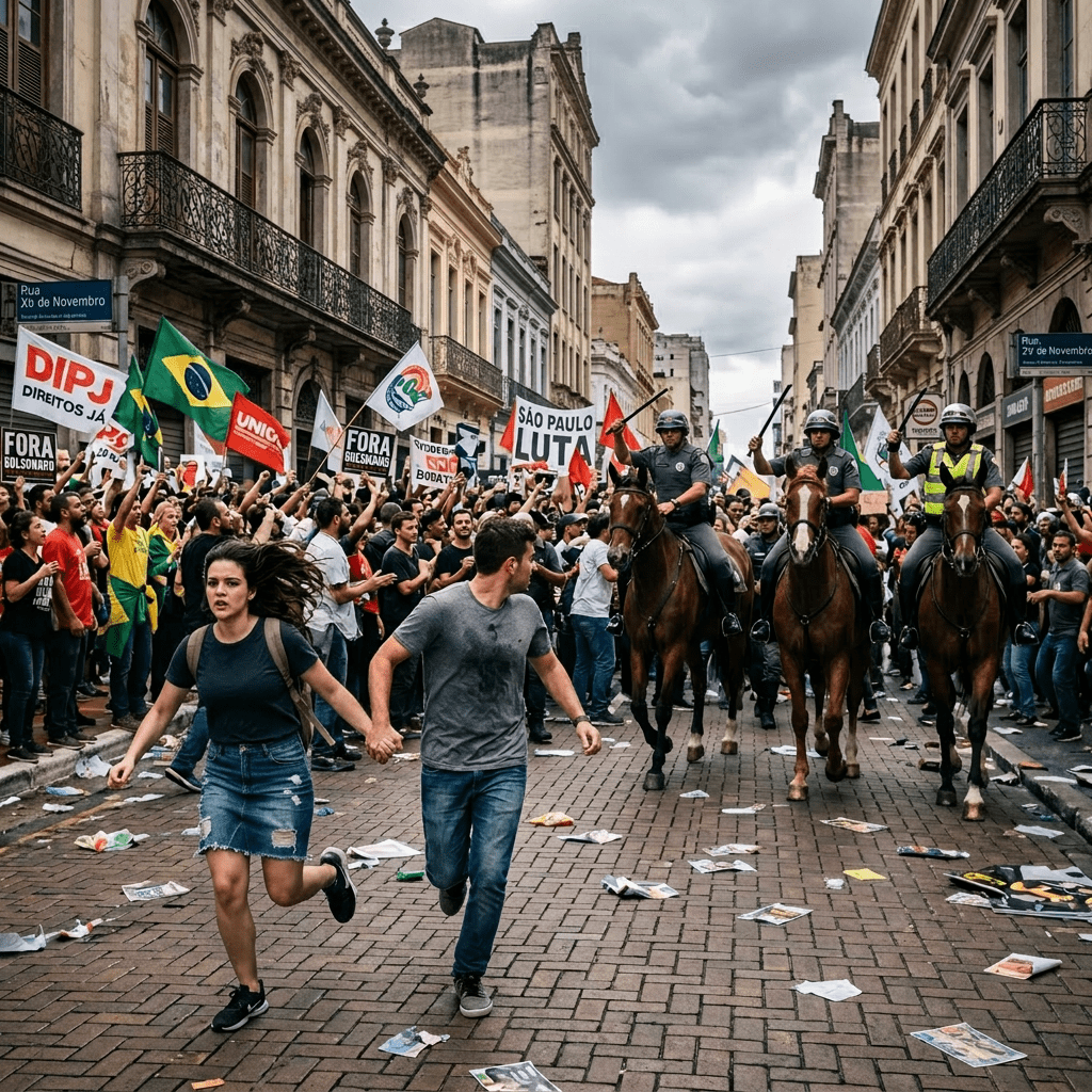 Protesters running past mounted police officers in a city street filled with crowds and protest signs