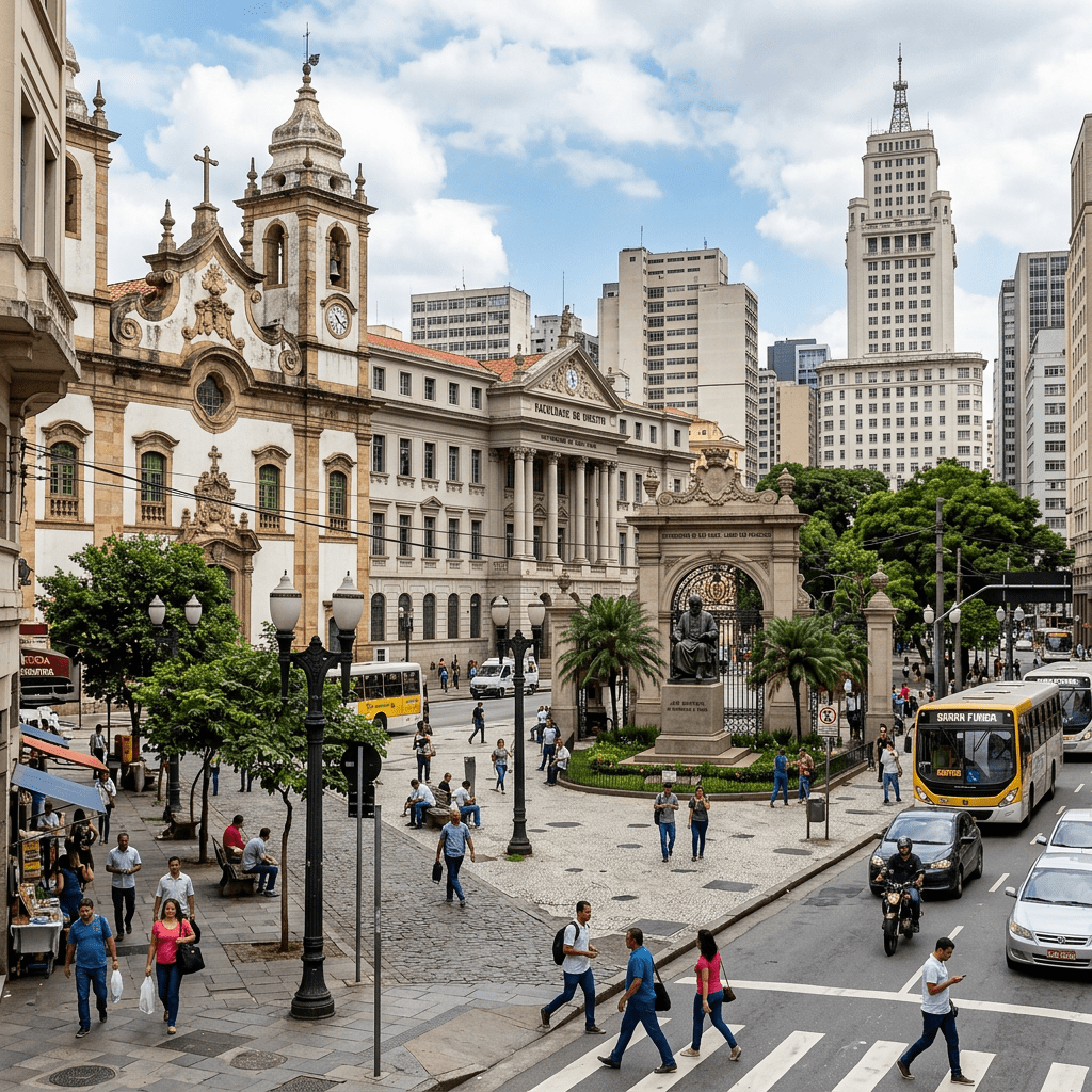 Street view of Faculdade de Direito with pedestrians, vehicles, and city buildings in São Paulo