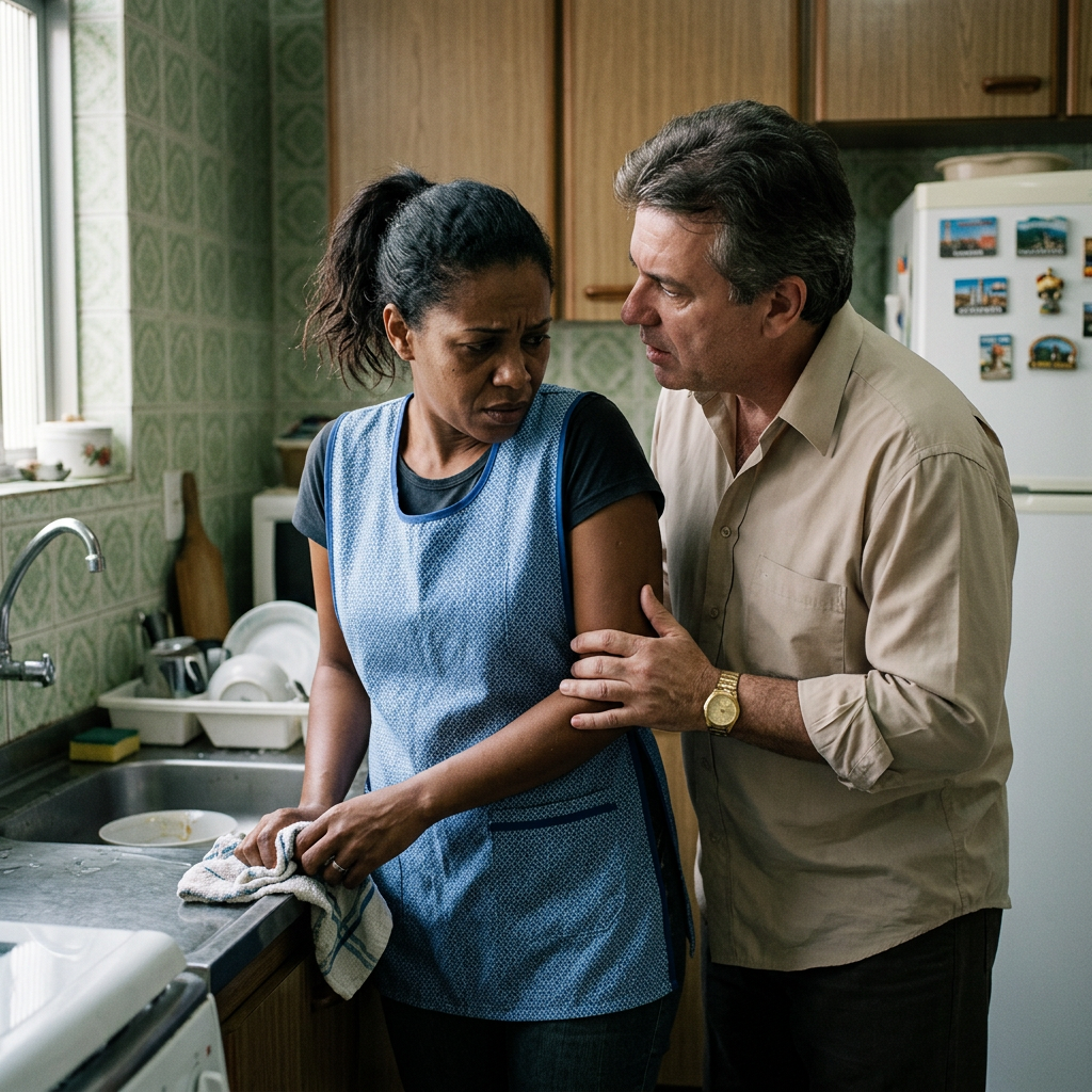 Man grabbing woman’s arm while she looks away unhappily in kitchen