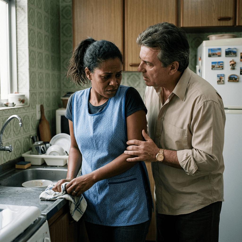 Man grabbing woman’s arm while she looks away unhappily in kitchen