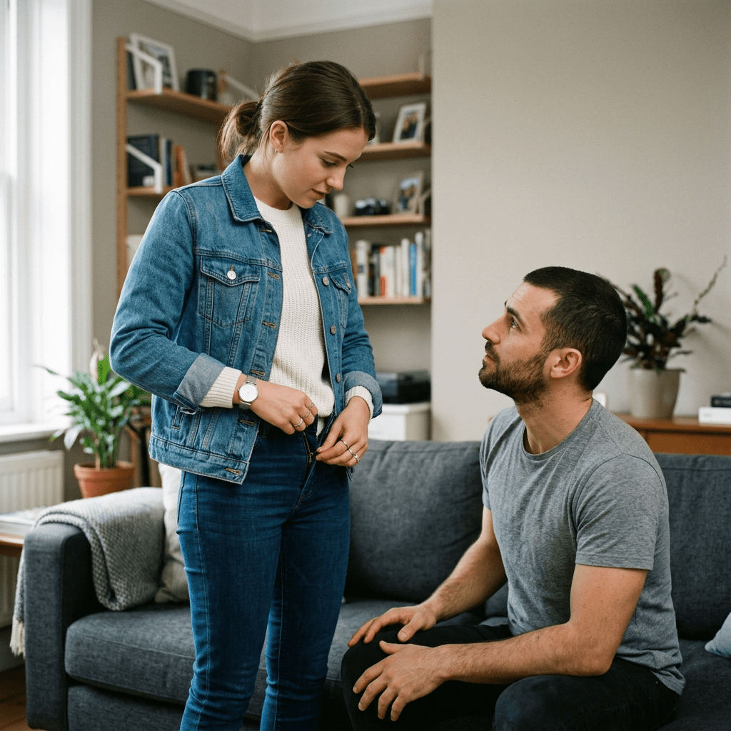 A man sitting on a couch looking up at a woman standing and talking