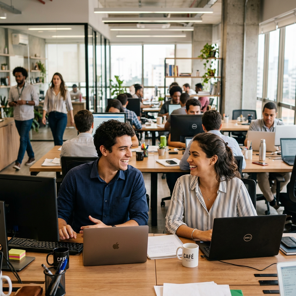 Two coworkers smiling and talking with laptops in an open office environment