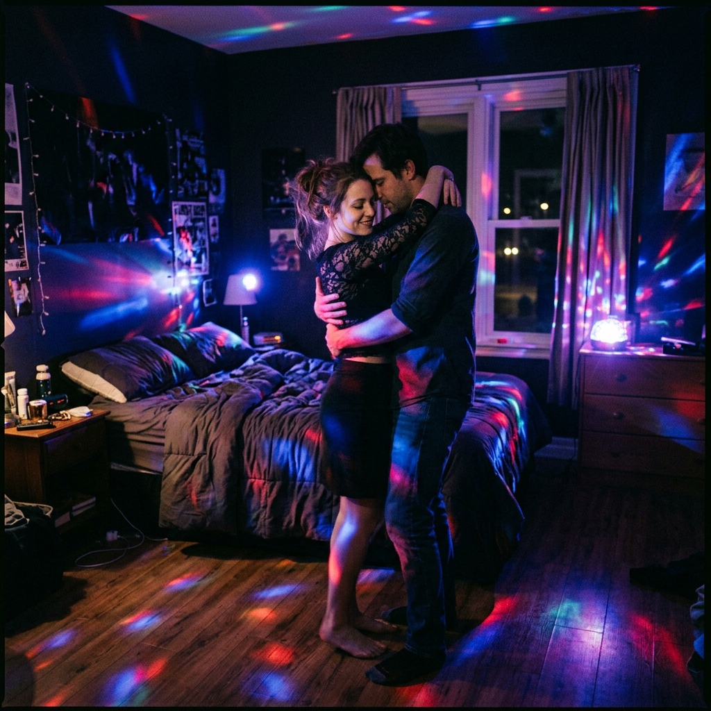 Couple hugging and dancing on wooden floor with colorful disco lights in bedroom