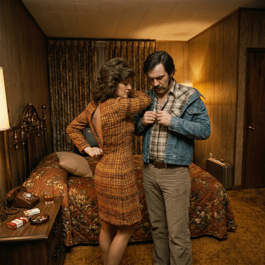 Smiling couple embracing in a retro motel room