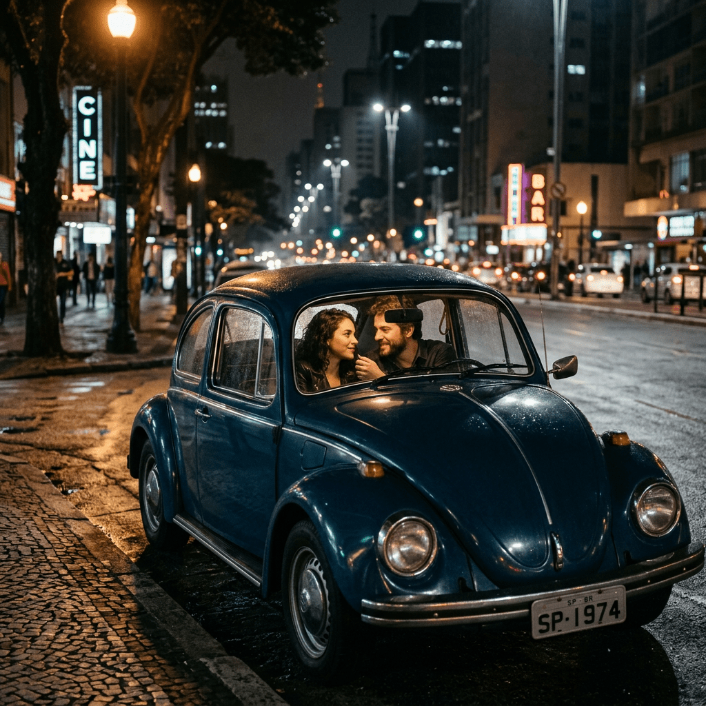 Couple sharing a moment inside a vintage blue car on a rainy city street