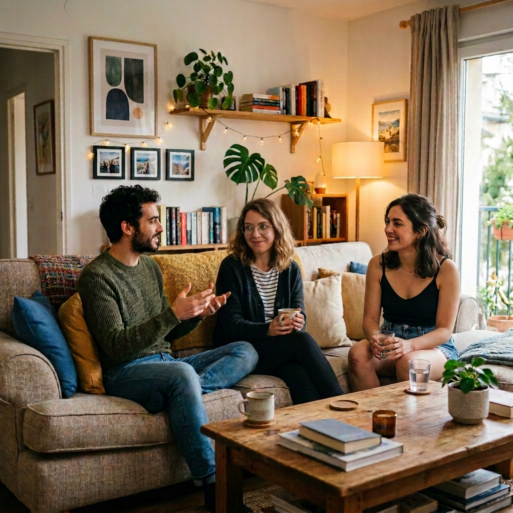 Three friends sitting together on a sofa, talking and holding drinks