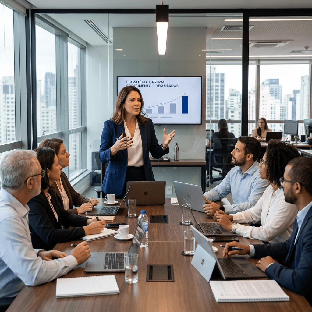Presenter discusses “ESTRATÉGIA Q4 2024: CRESCIMENTO E RESULTADOS” with a business team.