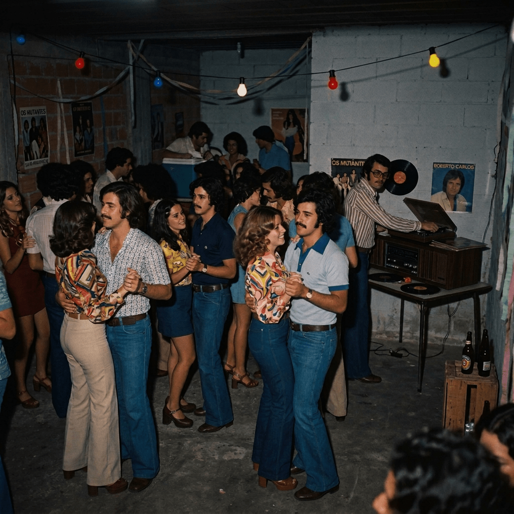 Couples dancing beneath lights beside sign reading “Som da Pesada Bailinho do Beto”