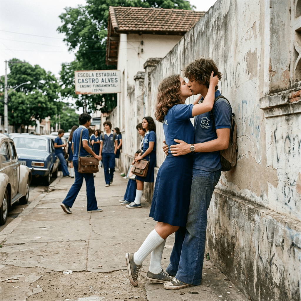 Students kissing outside sign reading Escola Estadual Castro Alves, Ensino Fundamental, 1976