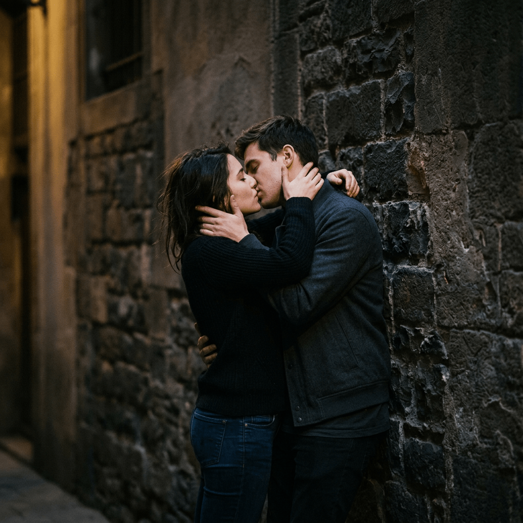 Couple kissing beside a weathered stone wall in a narrow alley
