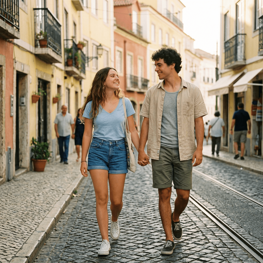 Couple holding hands while walking on a cobblestone street with tram tracks