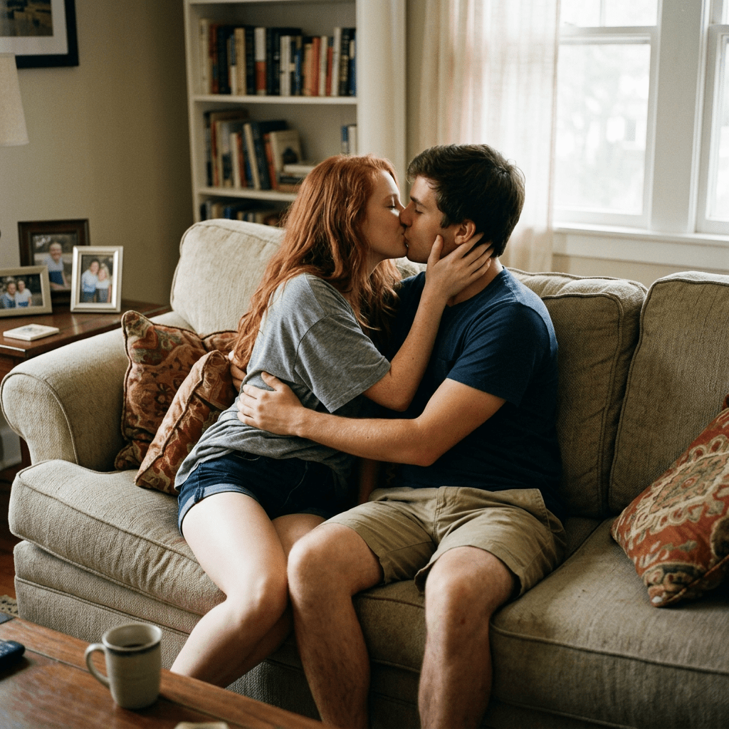 Couple kissing while seated together on a living-room sofa