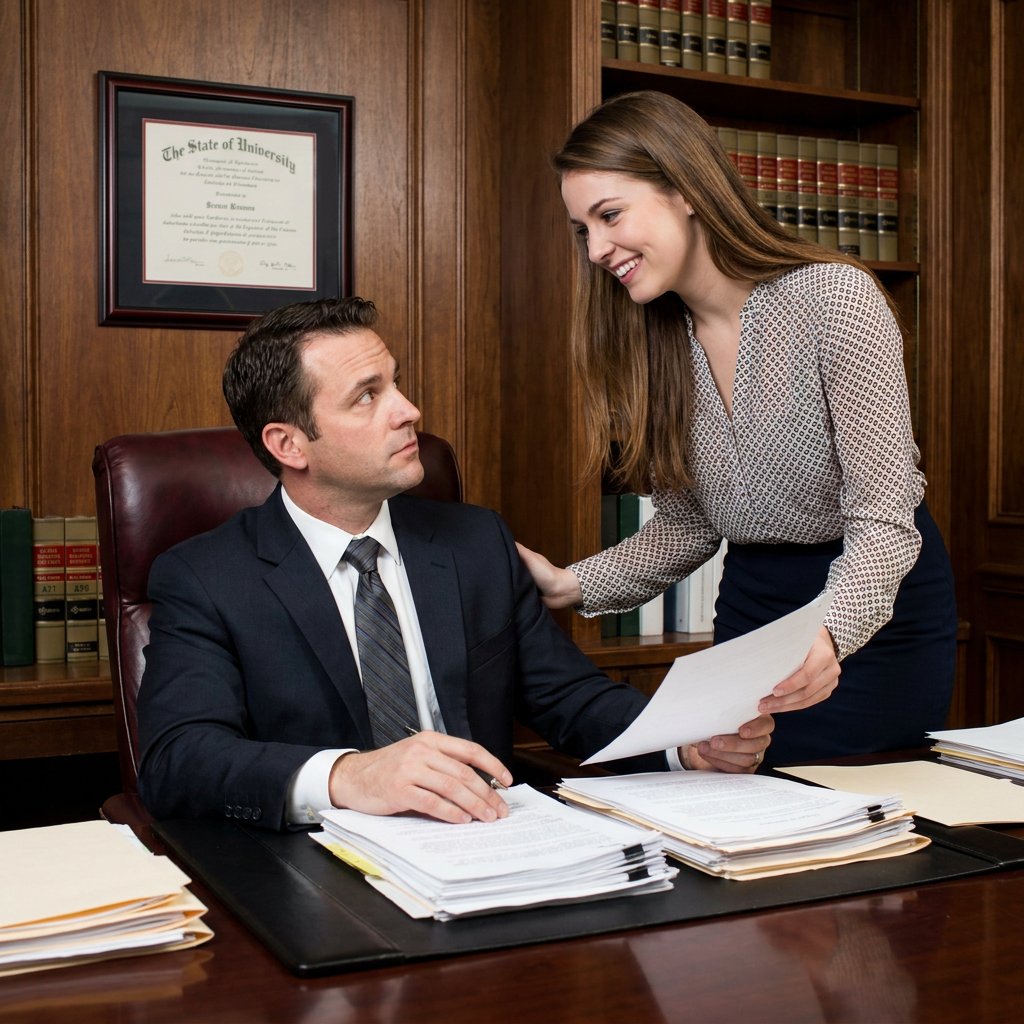 Two legal professionals reviewing documents at a law office desk