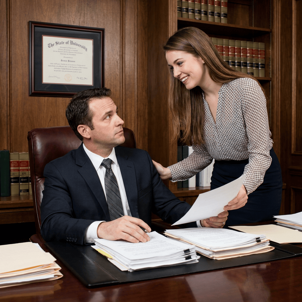 Two legal professionals reviewing documents at a law office desk