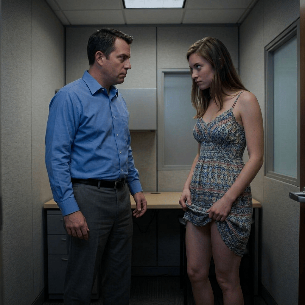 Two coworkers converse in an open-plan office; a woman holds out her patterned top.