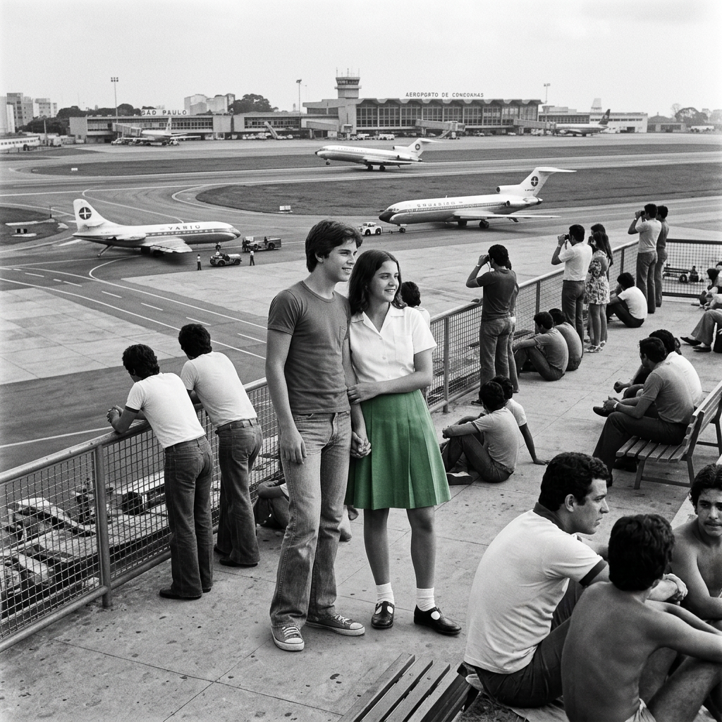 Young couple standing among beachgoers with an airport terminal behind them