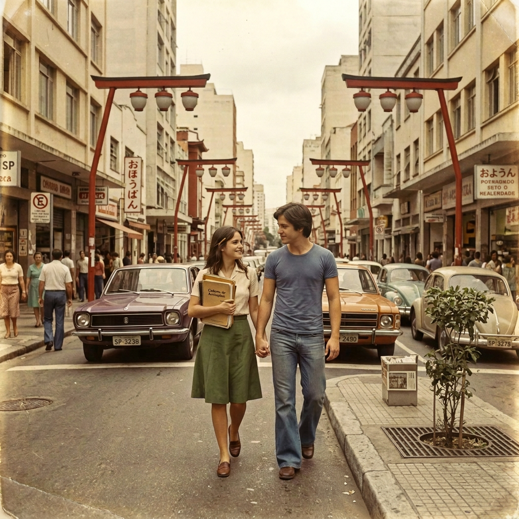 Young couple standing among beachgoers with an airport terminal behind them