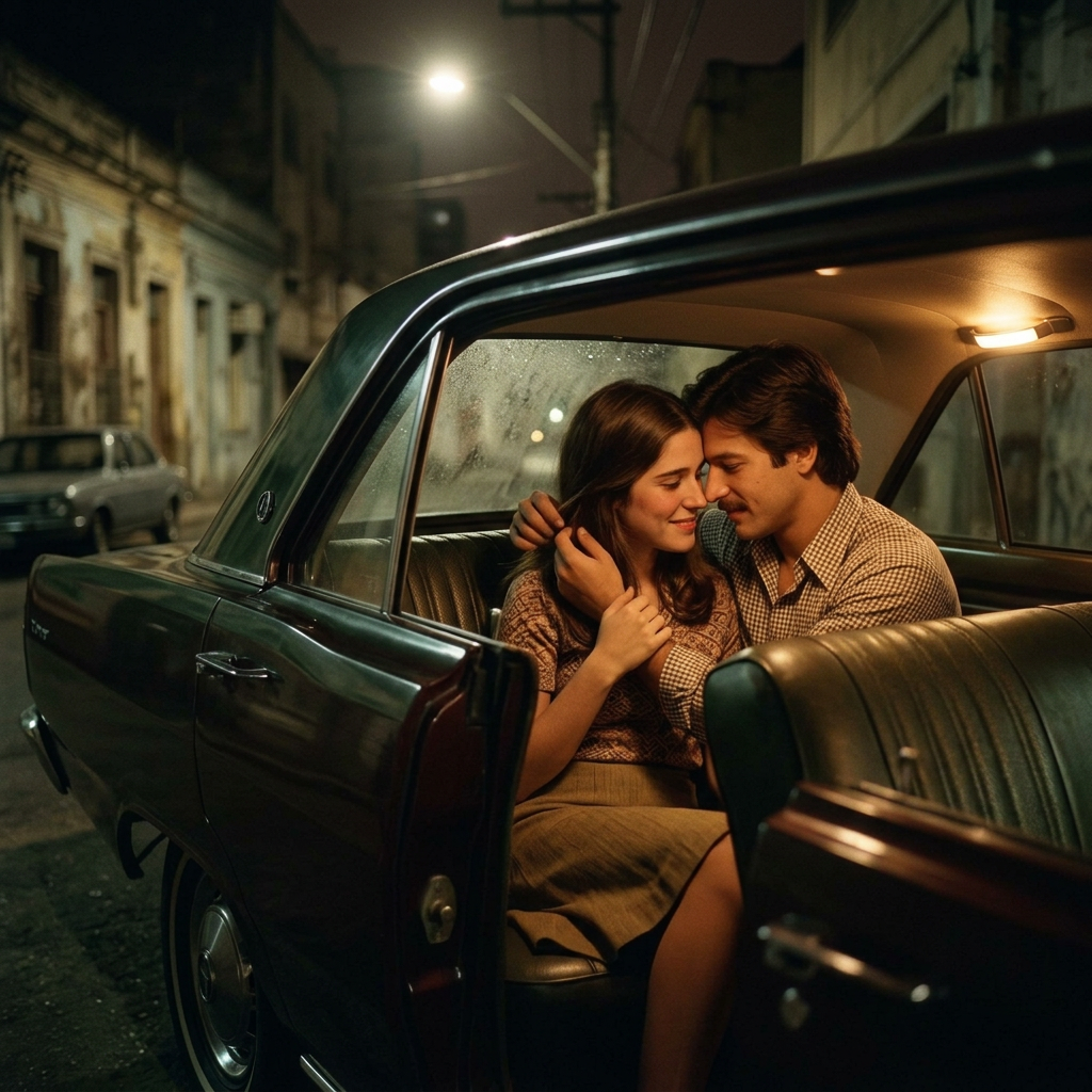 Couple embracing inside a car at night on a city street