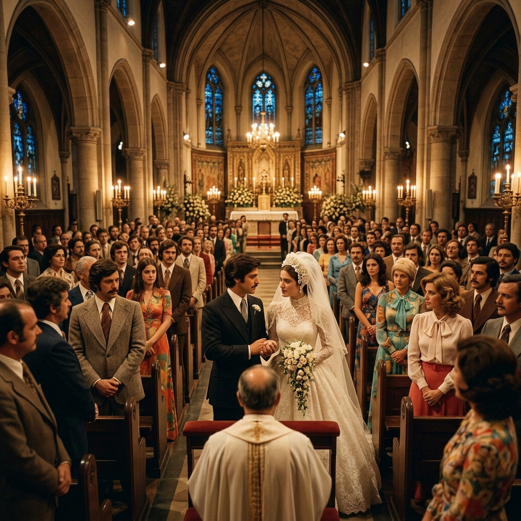 Bride and groom hold hands during a crowded cathedral wedding ceremony
