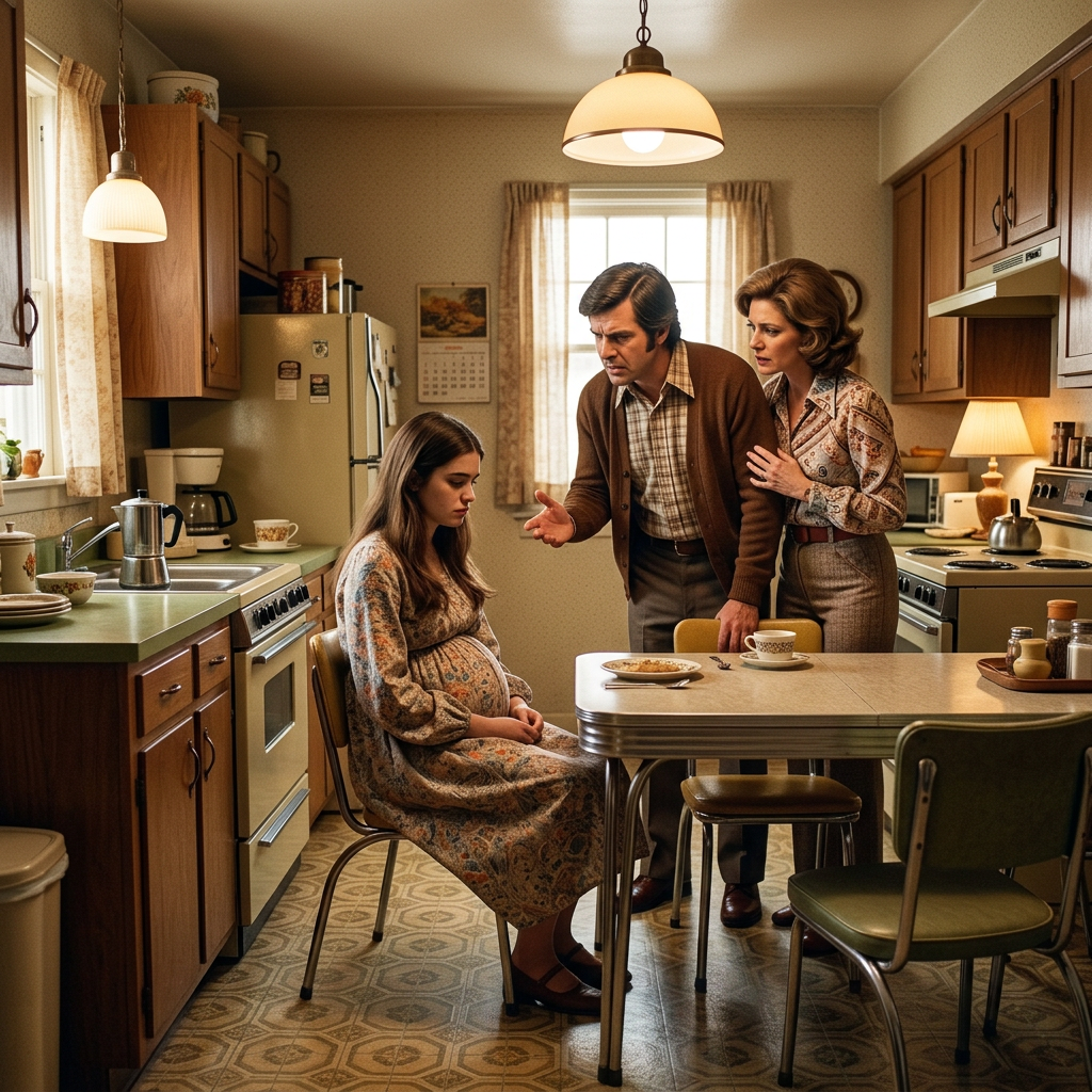 Pregnant woman seated at kitchen table while two adults speak with her