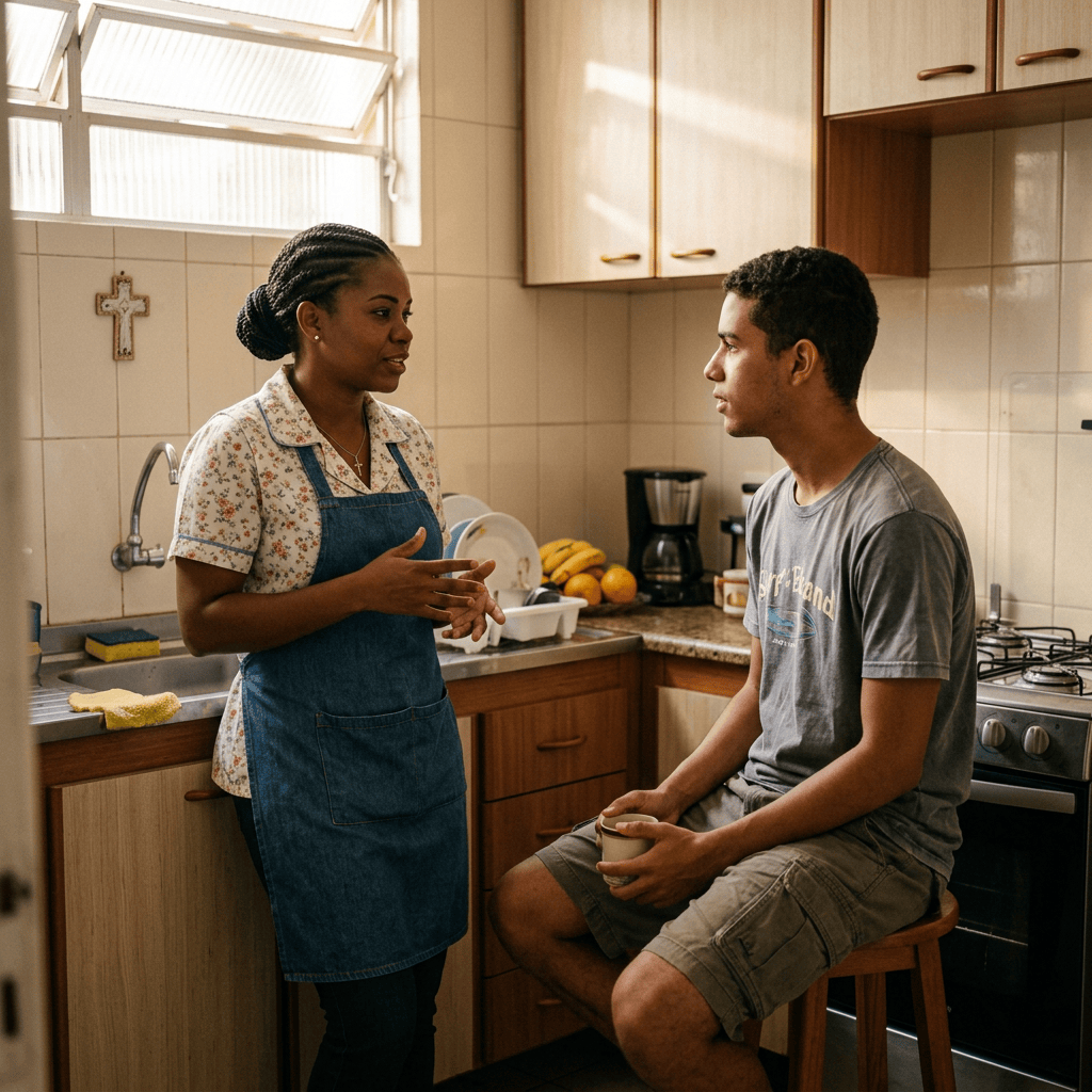Dois adultos conversando na cozinha da casa