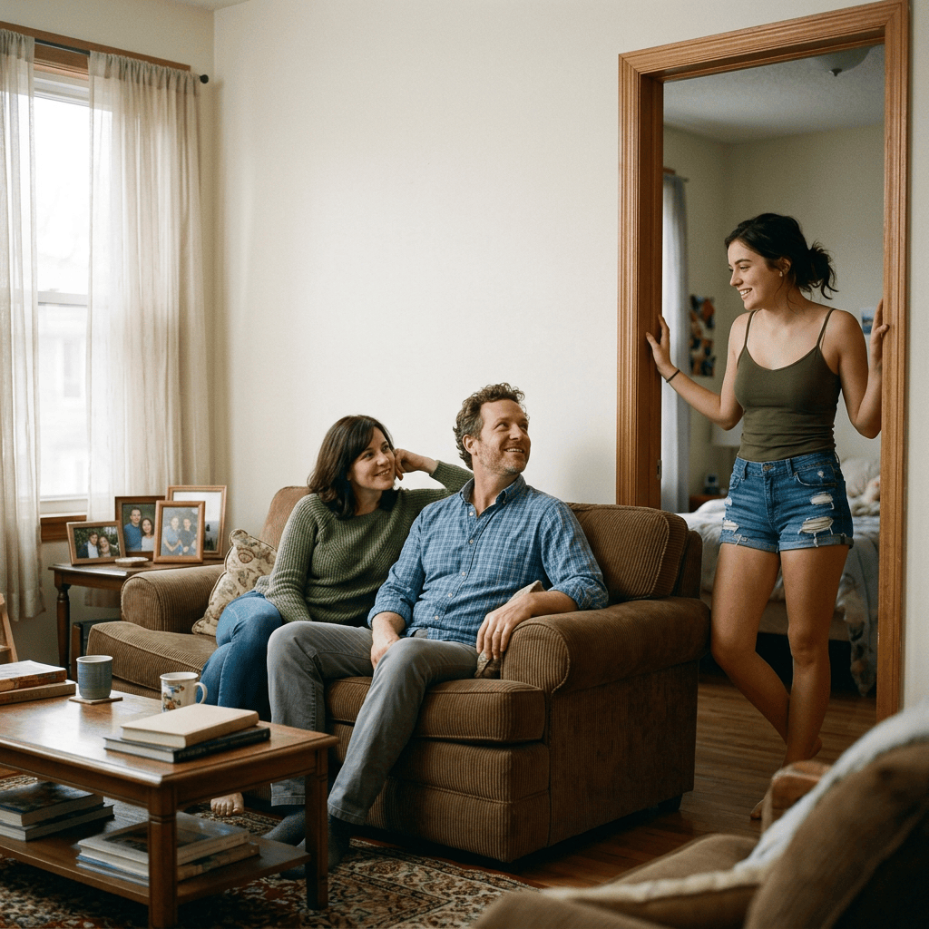 Three family members relaxing together in a warmly furnished living room