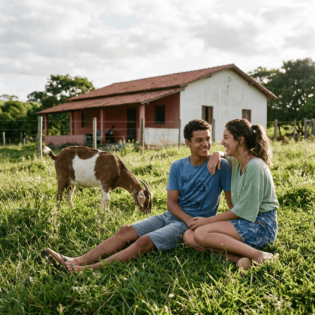 Young couple sitting in grassy field beside a grazing goat and farmhouse
